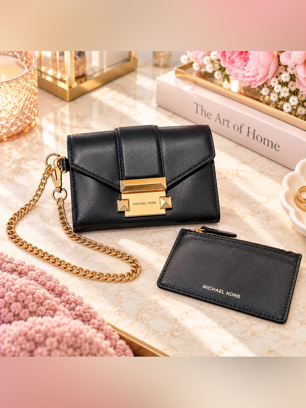 Michael Kors Whitney Small Black Leather Chain Wallet & Cardholder Wristlet